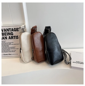 Three PU leather sling bags in cream, brown, and black with geometric woven straps