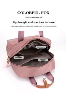 Detailed interior of nylon backpack showing multi-layer compartments and zip pockets