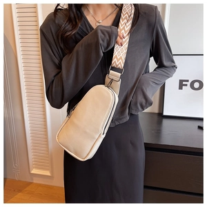 Cream PU leather crossbody chest bag with vintage geometric pattern woven strap