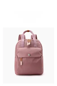Front view of a dusty pink nylon backpack showing a large main pocket and branded straps
