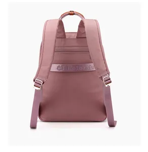 Rear view of a pink nylon backpack featuring anti-theft zipper and adjustable straps