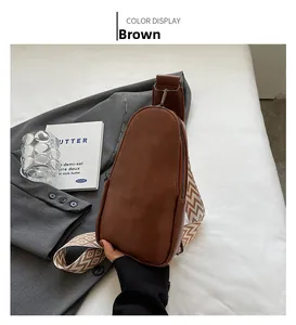 Detailed view of a brown PU leather sling bag with a textured geometric chevron strap