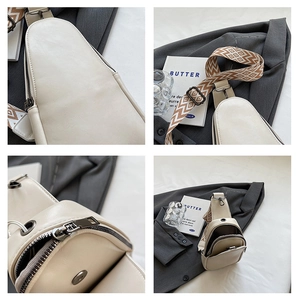 Detailed view of cream PU leather chest bag with patterned jacquard strap and zip compartments