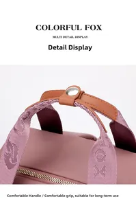 Macro shot of durable nylon backpack handle with leather buckle and brand logo embroidery