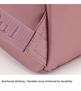 Macro detail of reinforced stitching on the high-density nylon strap of the purple backpack