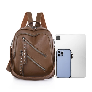 Brown faux leather backpack with vintage zipper design shown next to a tablet for scale