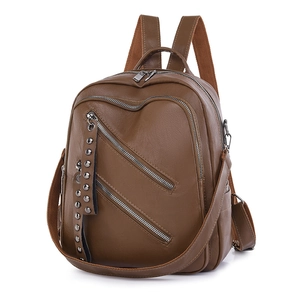 Brown vintage PU leather backpack with rivet straps and functional side pockets for women