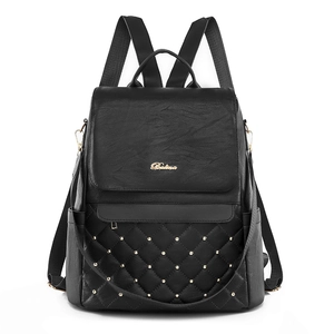 Women PU Leather Backpack Quilted Diamond Lattice Golden Rivets Retro Street Fashion Large Capacity Travel Bag