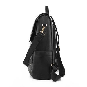 Vintage black leather backpack for women with quilted pattern and gold rivets design