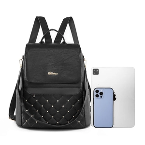 Black pebbled leather women's backpack with diamond quilting and gold rivets details