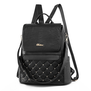 Black faux leather backpack for women with quilted pattern and gold stud accents