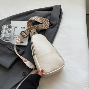 Cream PU leather crossbody chest bag with stylish geometric pattern wide strap for women
