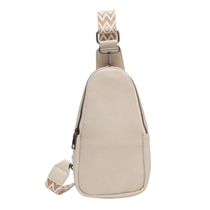 Cream PU leather crossbody chest bag with decorative ethnic geometric wide strap