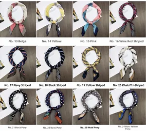 Detailed display of 12 patterns of square silk scarves for women including horse prints