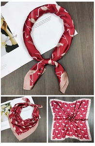 Silk square scarf with red flamingo print and geometric lines for women fashion