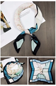 Detailed views of lake blue and leopard print satin square scarf on a wooden background