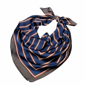 Navy blue striped silk-feel square scarf with red and white accents on white background