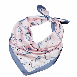 Pink and blue square silk scarf featuring an elegant flamingo print on satin fabric