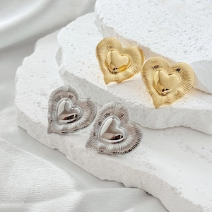Heart Stud Earrings Copper 18K Gold Plated Geometric Radiating Texture Minimalist INS Style Fashion For Women