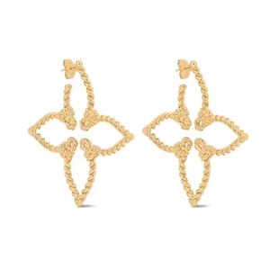 French style 18K gold hollow floral earrings with vintage twisted rope texture and star design