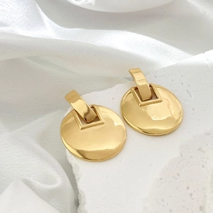 Boucles Oreilles Pendantes Géométriques Minimalistes Cuivre Poli Plaqué Or 18K Disques Métalliques Rond Carré Femmes