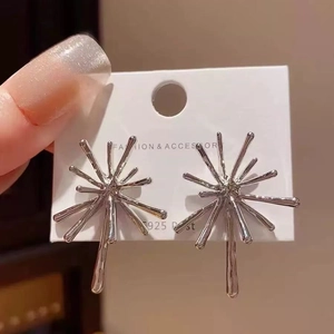 Macro shot of silver fireworks starburst earrings with S925 needles on display card