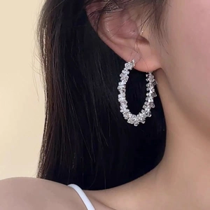 Elegant silver 925 sterling silver hoop earrings with sparkling zircon ice-crushed texture