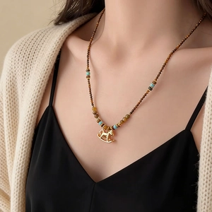 Retro Rocking Horse Pendant Necklace Tiger Eye Beaded Chain With Golden Copper Pony Charm For Women Boho Niche Jewelry