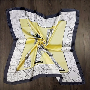 Modern square silk scarf with yellow and black Eiffel Tower geometric art design