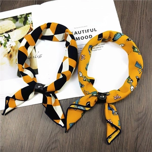 Women Small Square Scarf Faux Satin Printed Satin Neck Scarf Professional Business Decorative Handkerchief Leather Buckle