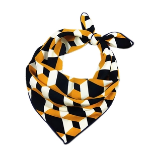 Modern square silk scarf with yellow and black geometric cube pattern on white background