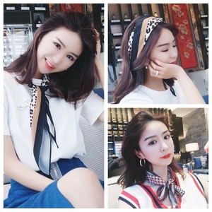 Three-way collage showing leopard print silk scarf as hair tie, neckerchief and bow