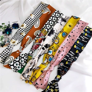 Women Narrow Long Printed Satin Scarf Faux Satin Neck Tie Twilly Ribbon Hair Band Versatile Floral Paisley Pattern Accessory