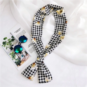 Long silk scarf with black white checkerboard and yellow floral print for women