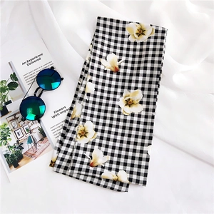 Long silk scarf with black white gingham check and white magnolia flower print for women