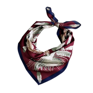 Elegant silk-like square scarf with feather print in burgundy and navy blue colors