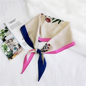 Floral silk square scarf with red blossoms and contrasting pink and blue borders