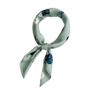 Elegant light green square neck scarf with navy palm leaf and white floral prints