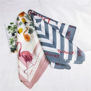 Silk-like square scarf featuring flamingo and fruit prints with blue striped borders