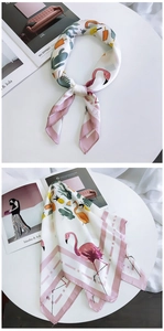 Silk-textured square scarf with flamingo and cactus print shown in flat and knotted view