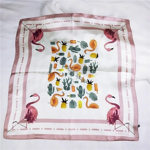 Pink flamingo and tropical leaf print square satin silk scarf for women's fashion