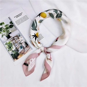 Elegant satin silk square scarf with cactus pineapple print and soft pink borders
