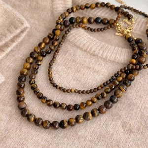 Collier Perles Pierre Oeil De Tigre Naturel Avec Fermoir En Acier Titane Vintage Ras De Cou Pour Femmes