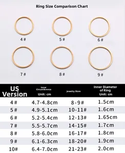 Size guide for 18K gold minimalist ring showing inner circumference and diameter measurements