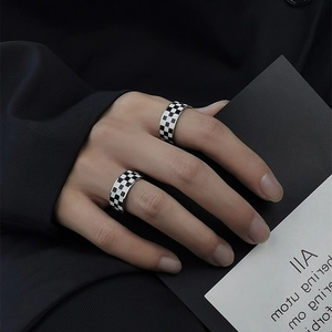 Checkerboard Ring 18K Gold Plated Titanium Steel Black And White Enamel Wide Band Geometric Retro Trendy Jewelry For Women