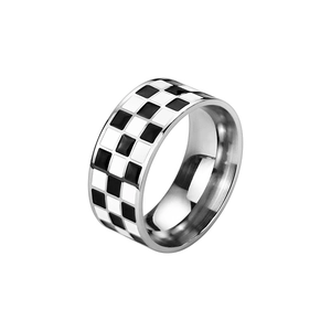 Classic stainless steel checkered ring with black and white enamel finish in gold