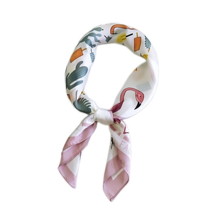 Elegant white satin square scarf featuring pink flamingo and cactus prints for women