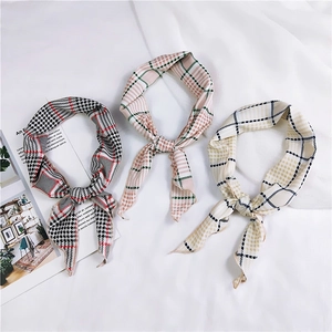Three-pack set of Korean plaid neck scarves in black, pink, and yellow for women