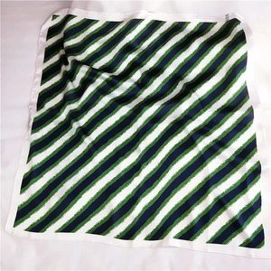 Classic green and navy blue striped square silk scarf with white border for women