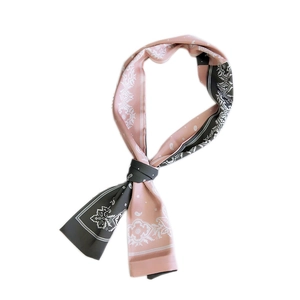 Pink and grey paisley print skinny silk scarf for hair or wristband on white background